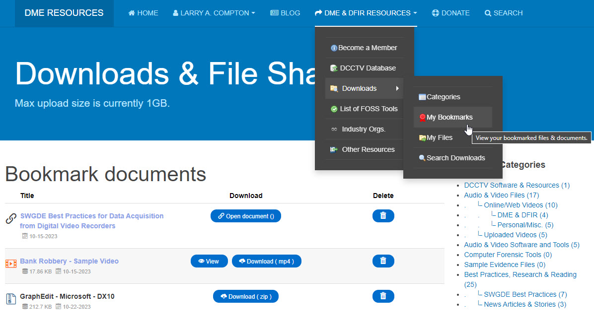 Screenshot of the Bookmark Documents page.