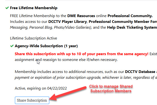 Subscription Tab of member profile
